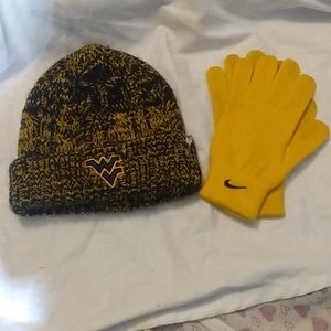 WVU not beanie with matching Nike gloves